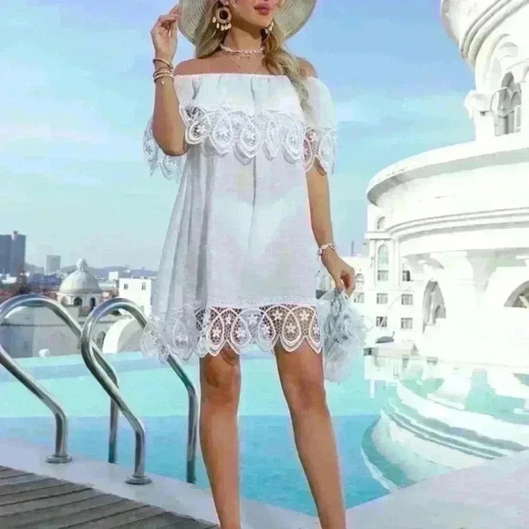 Shein Womens Dress Lace Hem Off the Shoulder  Cover Up White One-Size - Picture 4 of 10